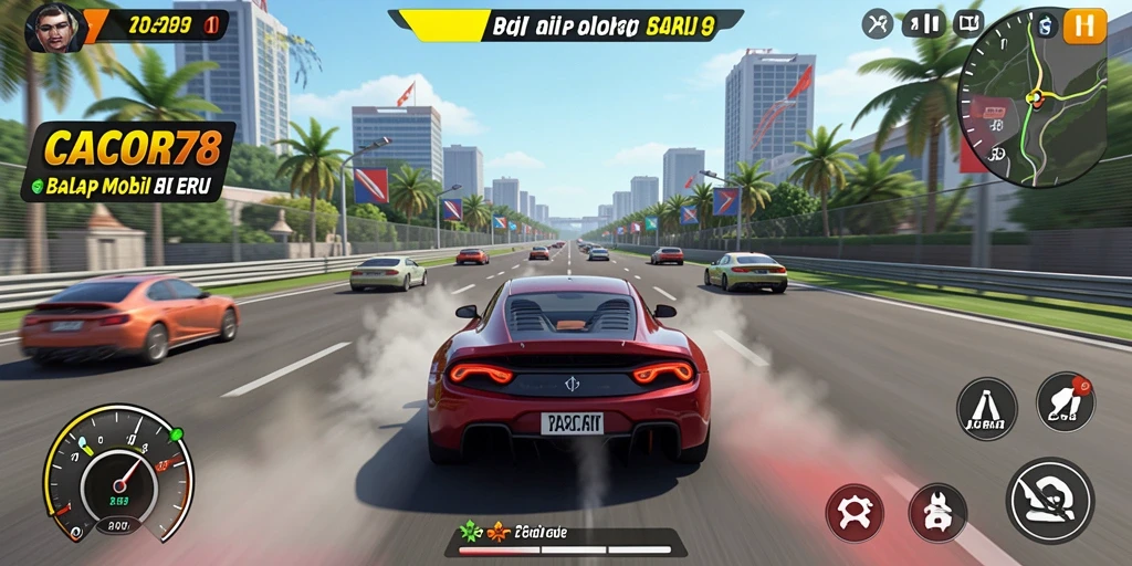 Tampilan gameplay menegangkan dari CACOR78 dengan mobil balap di jalur.