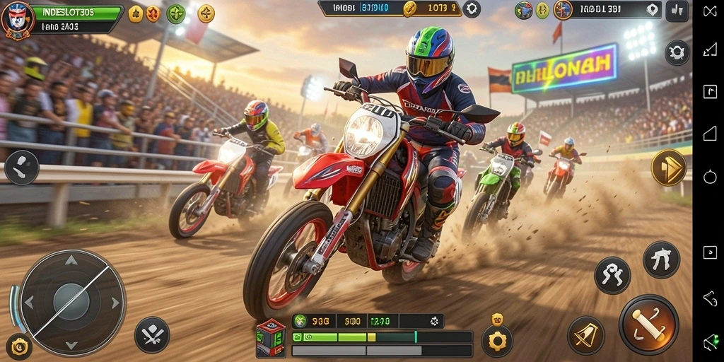 Screenshot gameplay seru INDESLOT303 dengan balapan motor menegangkan.