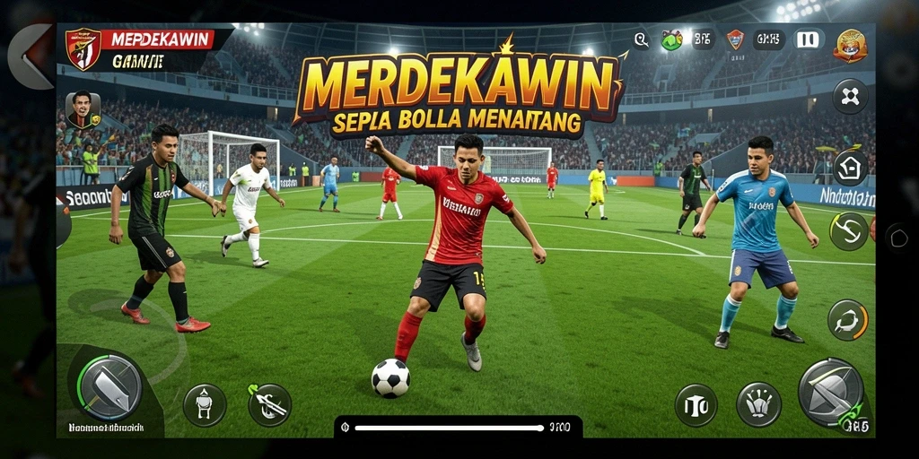 Screenshot gameplay MERDEKAWIN yang menampilkan aksi sepak bola yang mendebarkan.