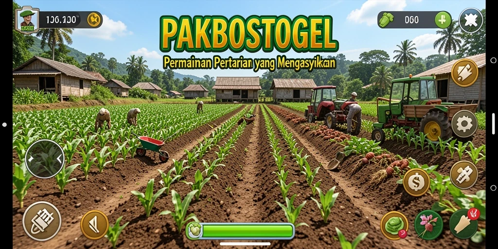 Tampilan gameplay PAKBOSTOGEL menunjukkan aktivitas berkebun yang seru.