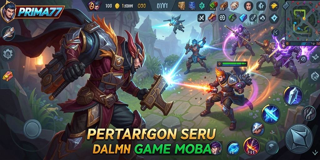 Screenshot menunjukkan aksi seru dalam game MOBA PRIMA77.